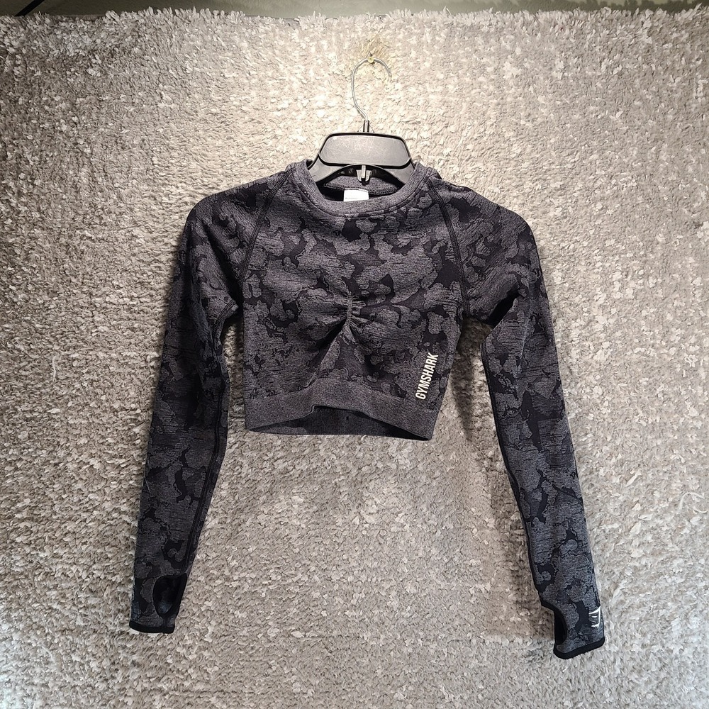 Gymshark Adapt Seamless Crop Top Women XS‎ Gray Camo Long Sleeve
